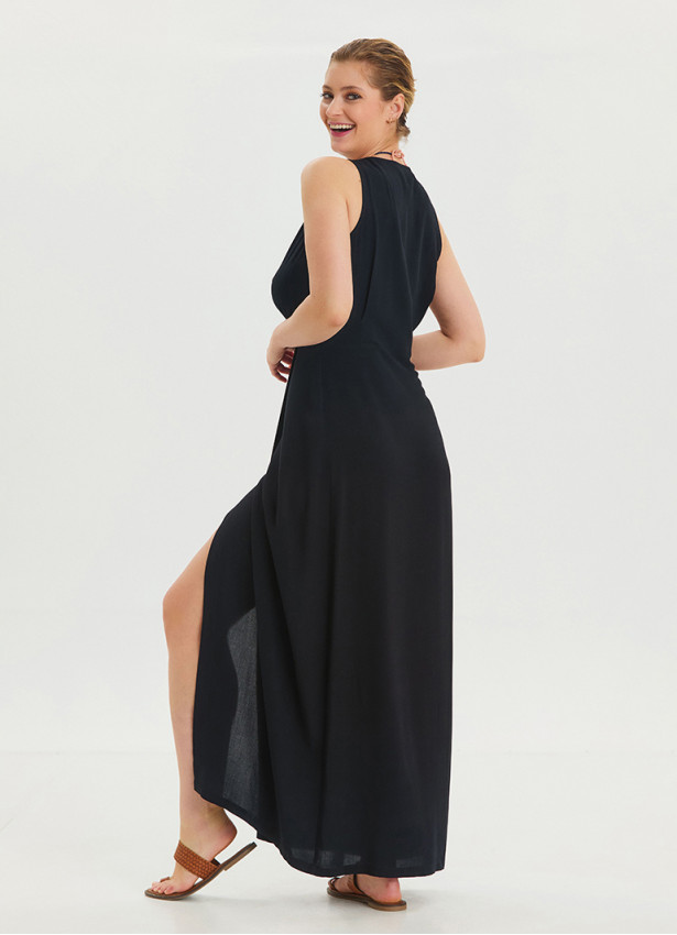 V Neck Slit Detailed Black Long Dress 4454